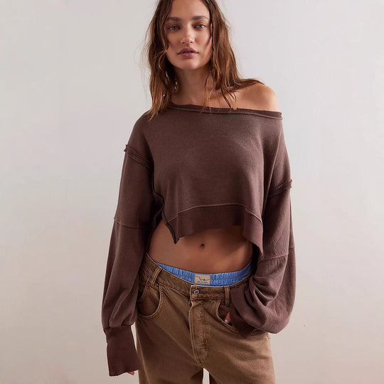 Damen cropped Oversize-Sweatshirt mit Daumenloch, fransigem Saum und weitem Raglanärmel Eichborn Berlin