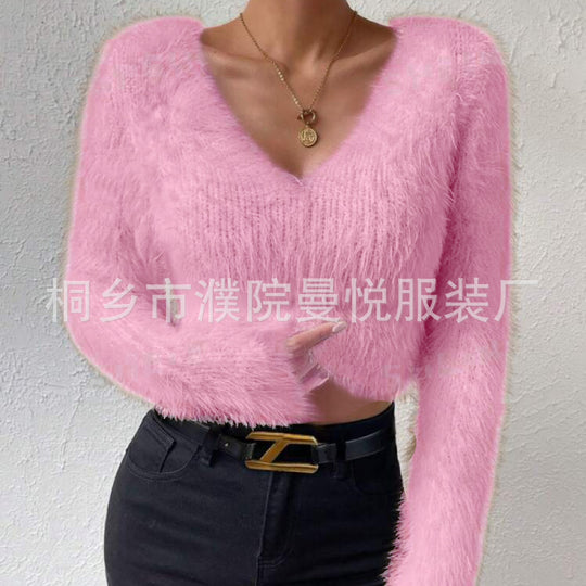 Damen Flauschiger Crop-Pullover mit V-Ausschnitt und Eyelash-Struktur EB