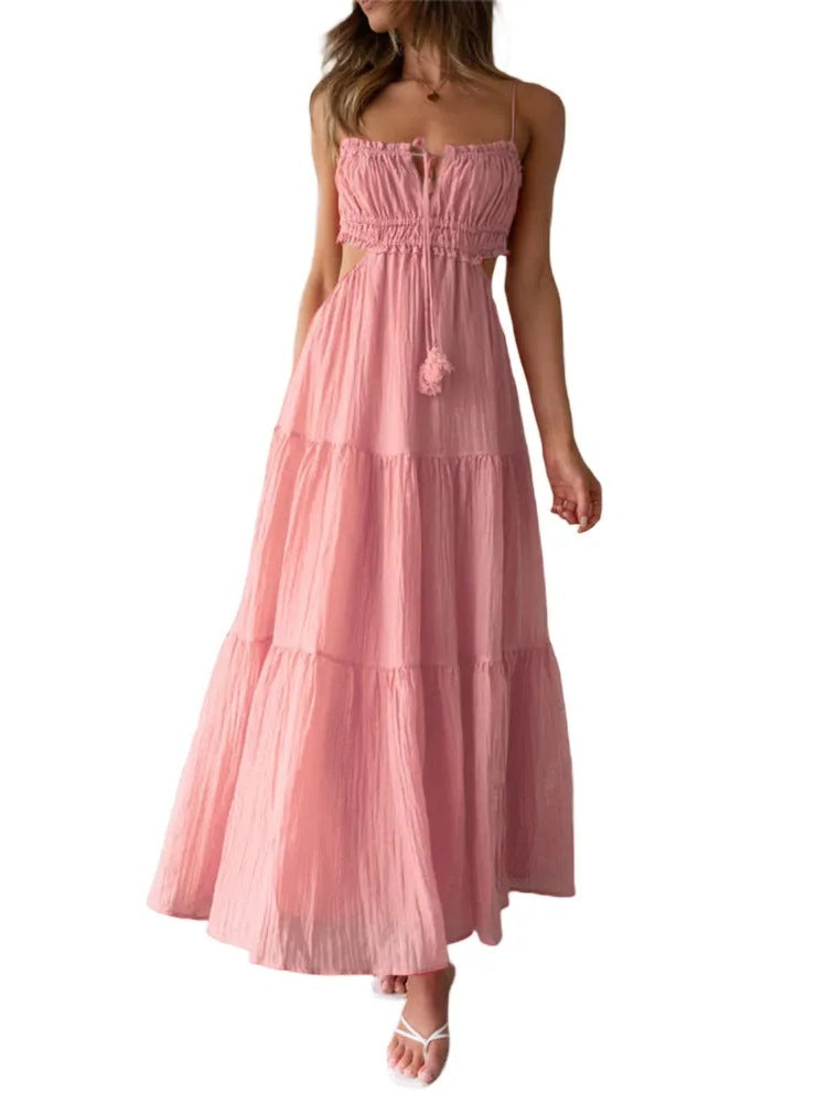 Damen luftiges Maxikleid mit Rüschendetails und verstellbarem Taillenband EB