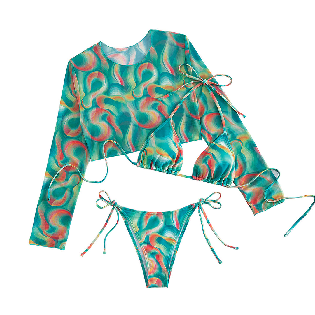 Damen Bikini-Set mit langärmligem Oberteil und verspielten Bindebändern EB