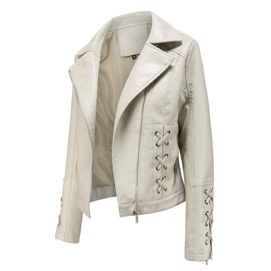 Damen modische Kunstlederjacke mit raffinierten Schnürdetails EB