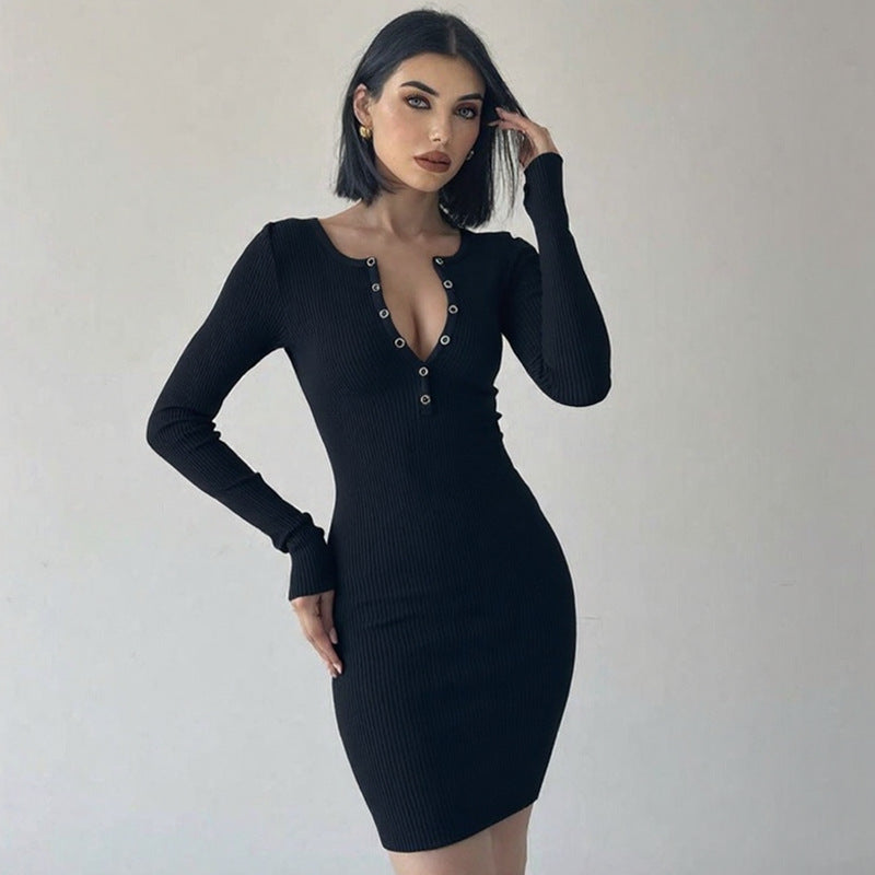 Damen figurbetontes Knit-Kleid mit Knopfleiste und tiefem V-Ausschnitt EB