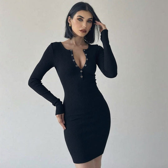 Damen figurbetontes Knit-Kleid mit Knopfleiste und tiefem V-Ausschnitt EB