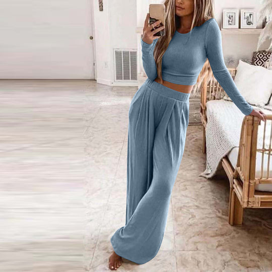Damen Elegantes Lounge-Set mit langärmeligem Oberteil und weiten Hosen EB