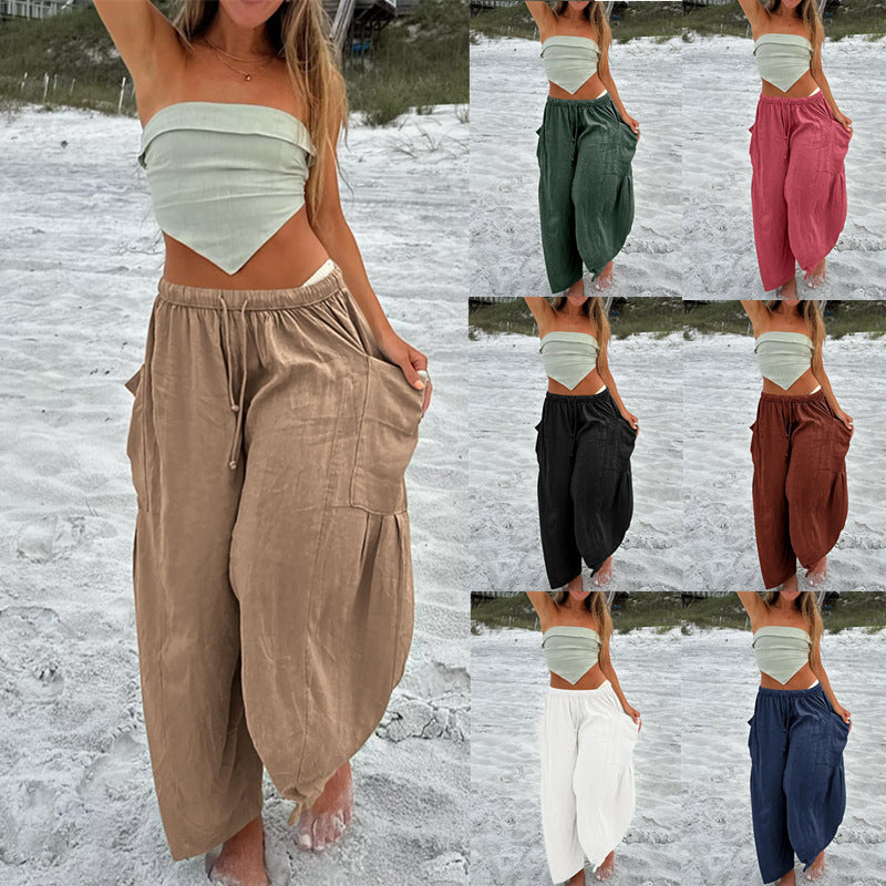 Damen nan weite Palazzohose aus leichtem Leinenmix mit Tunnelzug und seitlicher Tasche EB