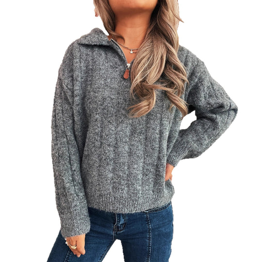 Damen Strickpullover mit kurzer Reißverschlussleiste und Wellenstruktur EB