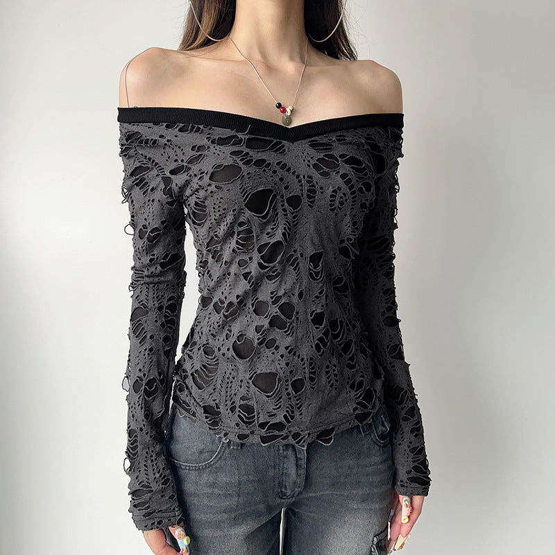 Damen nan transparentes Distressed-Spitzenshirt mit V-Ausschnitt, langärmeligem Layer-Look und innenliegendem Cami EB
