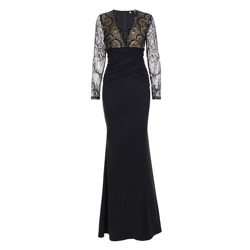 Damen elegantes Abendkleid mit Spitzeneinsätzen und raffiniertem Wickeldesign EB