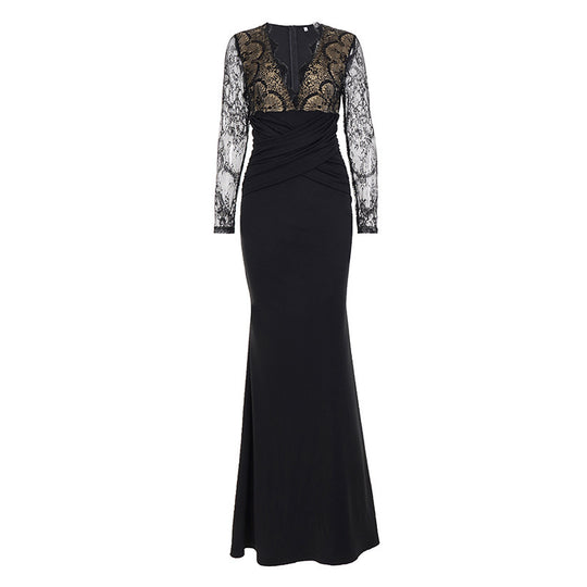 Damen elegantes Abendkleid mit Spitzeneinsätzen und raffiniertem Wickeldesign EB