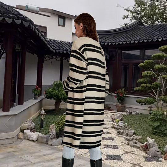Damen lässiger Strickcardigan mit modernem Streifenmuster und offenem Schnitt EB