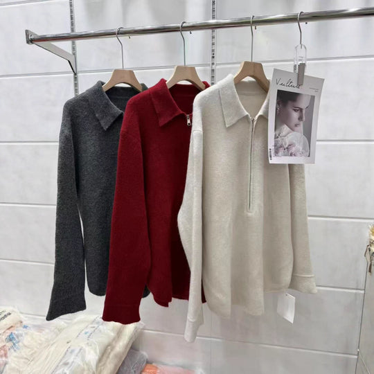 Damen Modischer Pullover mit Reißverschluss und Kragen EB
