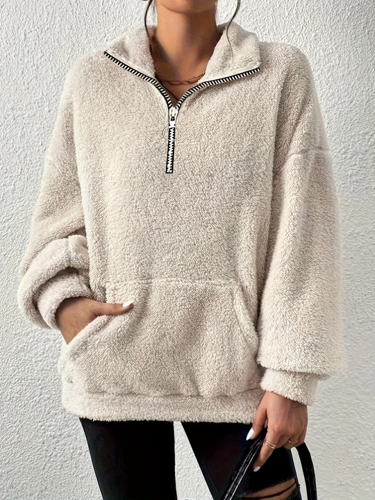 Damen kuscheliger Fleece-Pullover mit halbem Reißverschluss und Seitentaschen EB