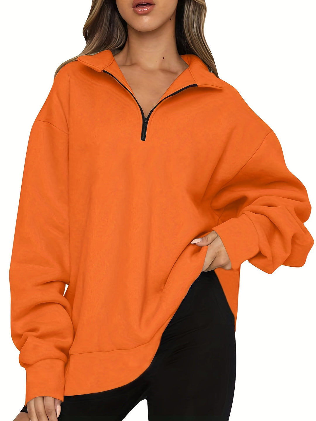 Damen nan Oversized Sweatshirt mit Kurzreißverschluss, Stehkragen und Kängurutasche EB