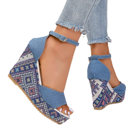Damen Wedge-Pantoletten mit buntem Muster und elastischem Riemen EB