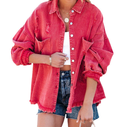Damen Oversized Denim-Bluse mit Fransen EB