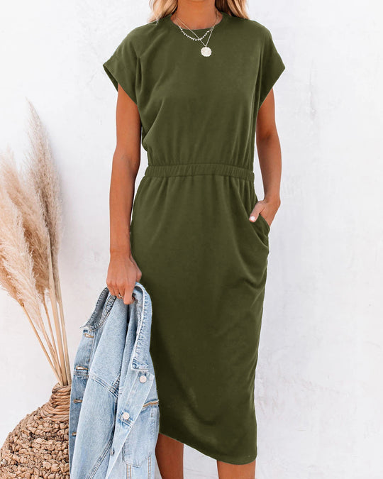 Damen Entspanntes Midikleid mit elastischem Taillenzug und Seitentaschen EB