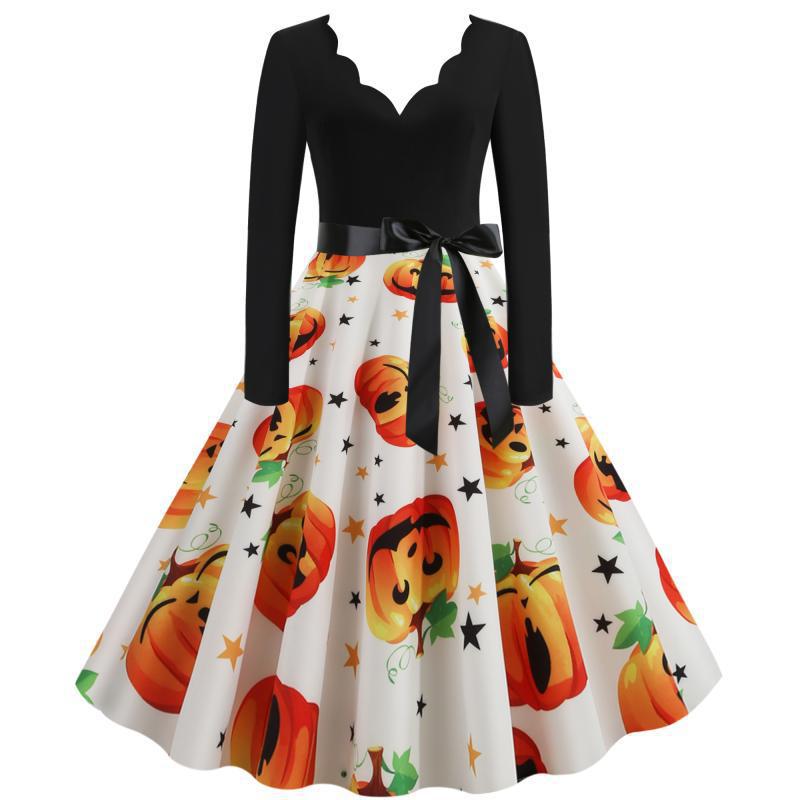 Damen Vintage Swing-Kleid mit Halloween-Kürbisprint, V-Ausschnitt mit Wellensaum und tailliertem Satinband EB