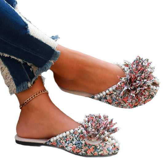 Damen Pantoletten mit floralem Design und eleganten Perlen EB