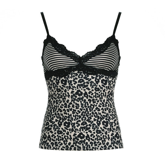 Damen Spaghetti-Trägertop mit elegantem Spitzenbesatz und modernem Leopardenmuster EB