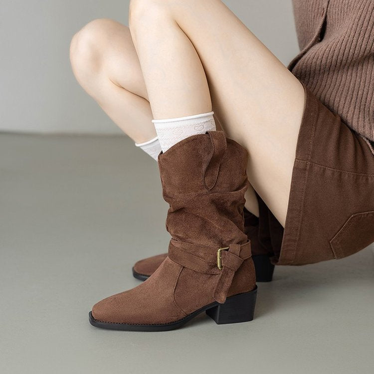 Damen Stiefeletten im Western-Stil mit modischem Riemen und Blockabsatz EB