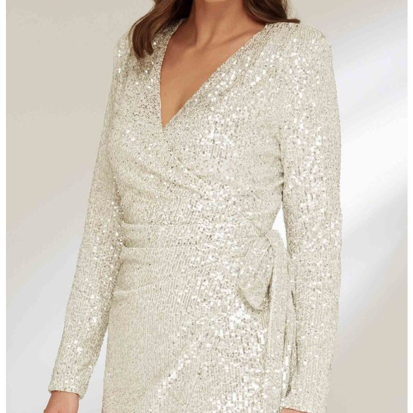 Damen Glamouröses Pailletten-Kleid mit Wickeloptik und langen Ärmeln EB