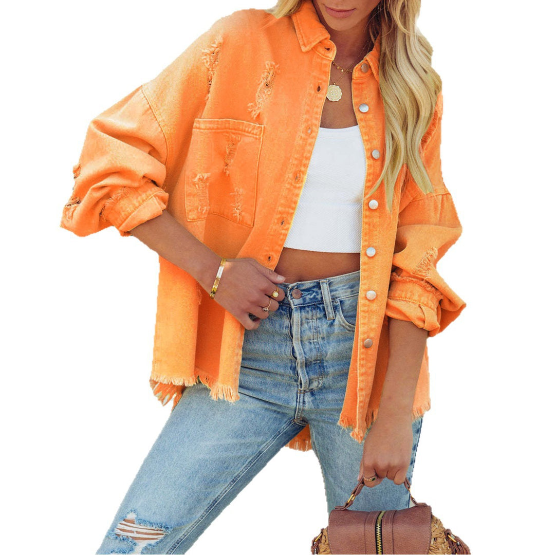 Damen Lässige Oversized Jeansjacke mit fransigen Abschlüssen und dekorativen Knöpfen EB