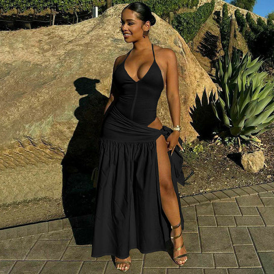 Damen Elegantes Strandkleid mit seitlichem Schlitz und tiefem V-Ausschnitt EB