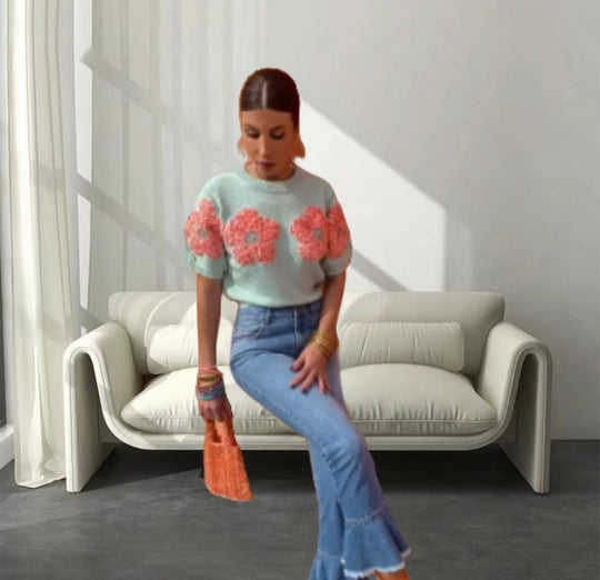Damen Modischer Strickpullover mit floralen Applikationen EB