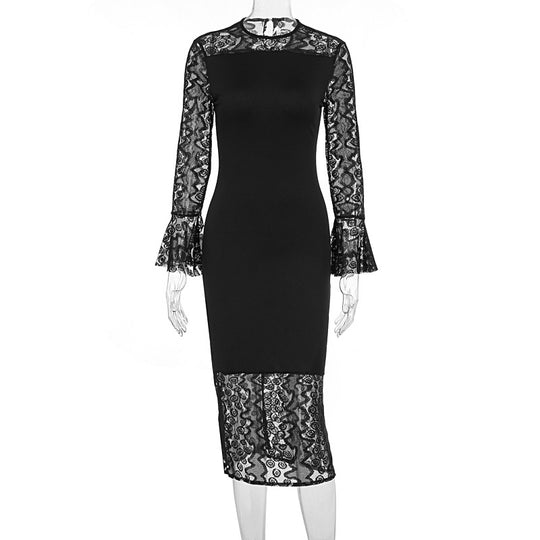 Damen elegantes Spitzenkleid mit weitem Arm und fließendem Saum EB