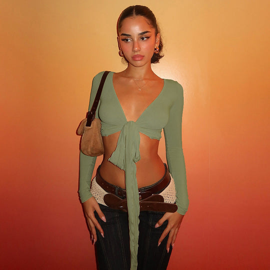 Damen Crop-Top mit verspieltem Bindeband und langen Ärmeln EB