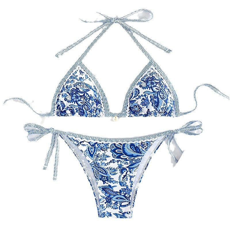 Damen Triangel-Bikini mit romantischem Blumenmuster und verstellbaren Trägern EB