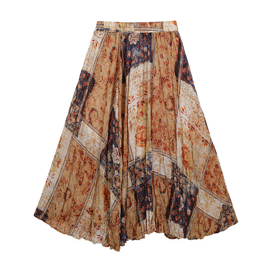 Damen  fein gefalteter Midirock mit Vintage Blumenprint und elastischem Taillenbund EB