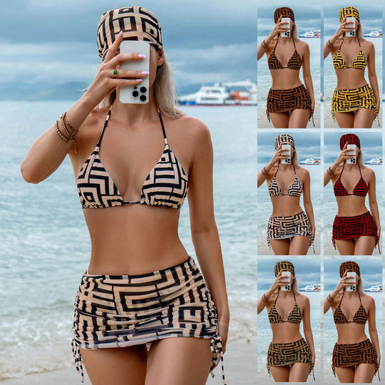 Damen Triangel-Bikini mit Wickelrock und grafischem Muster EB
