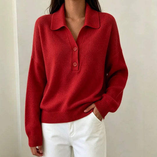 Damen Polokragen-Pullover mit halber Knopfleiste und geripptem Saum EB