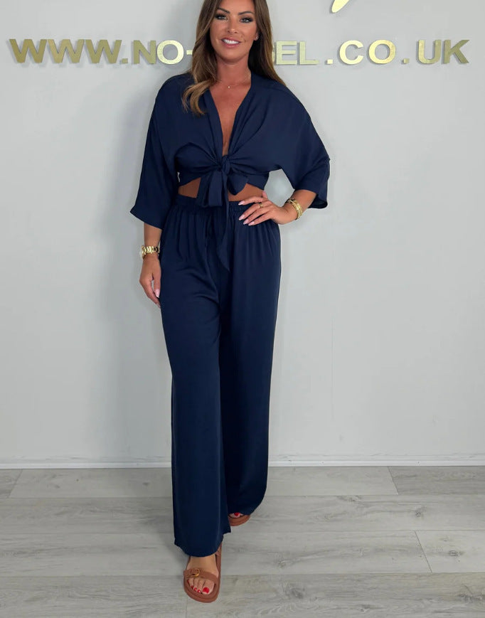 Damen Eleganter Jumpsuit mit verspieltem Knoten und weit geschnittenen Beinen EB