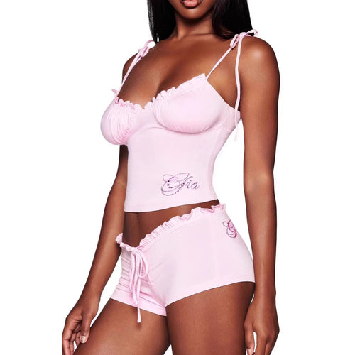 Damen Satin Schlafanzug-Set mit Rüschendetails und verstellbaren Trägern EB