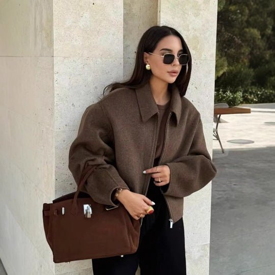 Damen lässige oversized Jacke mit Reißverschluss und schmalem Kragen EB