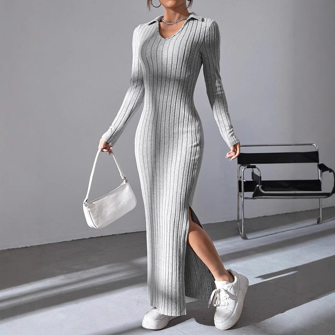 Damen Maxikleid mit strukturiertem V-Ausschnitt und Seitenschlitzen EB