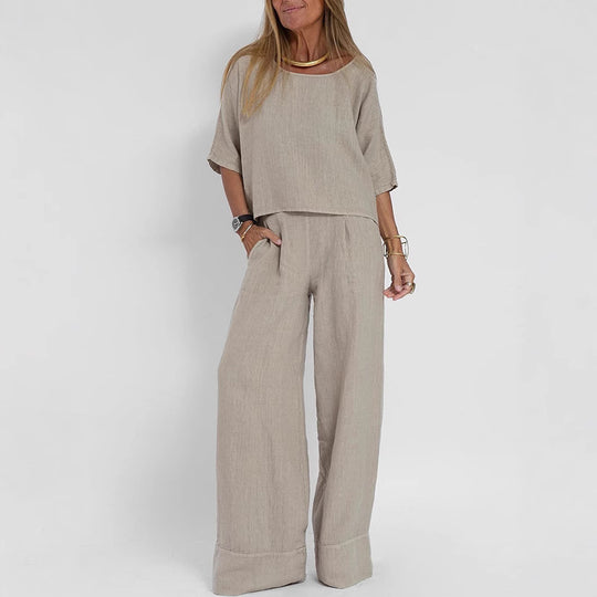 Damen luftiges Leinen-Ensemble mit weitem Schnitt und praktischen Taschen EB