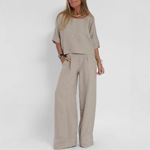 Damen luftiges Leinen-Ensemble mit weitem Schnitt und praktischen Taschen EB