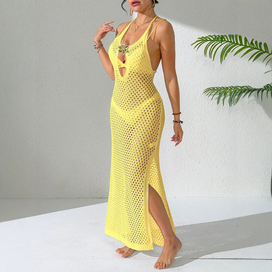 Damen eleganter unifarbener Netz-Strandüberwurf EB