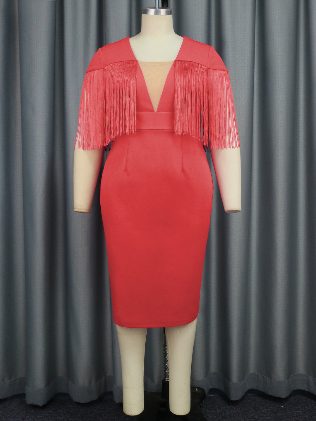 Damen Figurbetontes Kleid mit fransigen Ärmeln EB