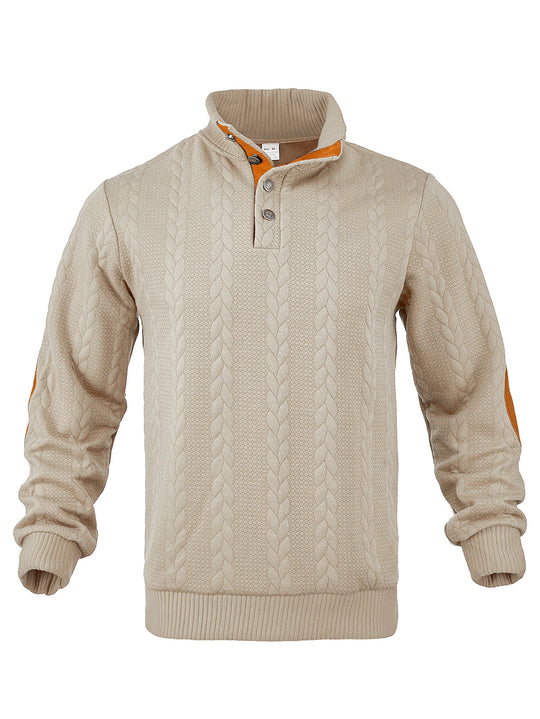 Herren nan Zopfmuster-Halbknopf-Pullover mit hohem Stehkragen und Wildleder-Ellbogenpatches EB