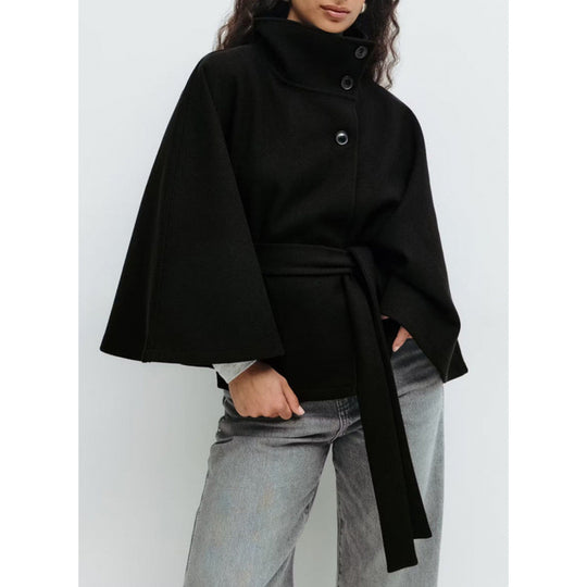 Damen Wollmantel im Cape‑Stil mit Stehkragen und Taillengürtel EB
