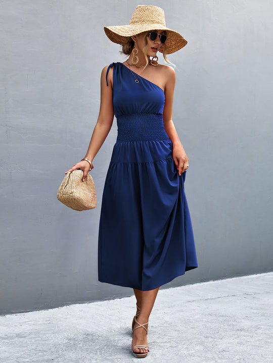 Damen Midikleid mit schnörkellosem Ein-Schulter-Design und elastischem Taillenband EB