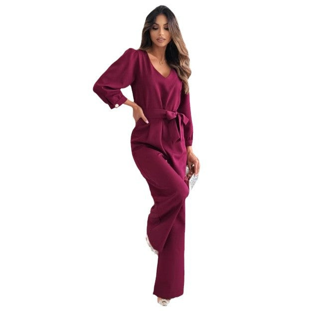 Damen Eleganter Jumpsuit mit taillierbarem Gürtel und V-Ausschnitt EB