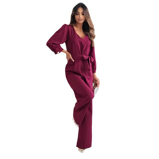 Damen Eleganter Jumpsuit mit taillierbarem Gürtel und V-Ausschnitt EB