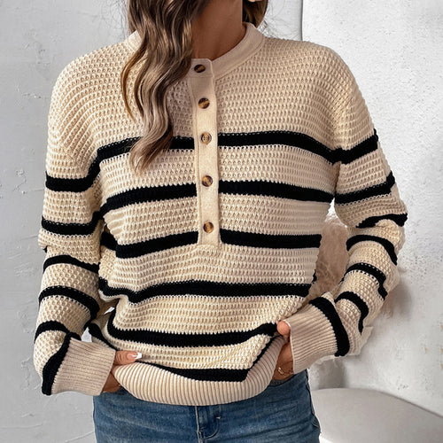 Damen gestreifter Pullover mit Knopfleiste aus strukturierter Wolle EB