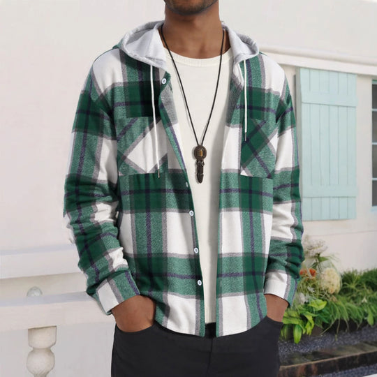 Herren Karierte Flanelljacke mit Hoodie und praktischen Taschen EB