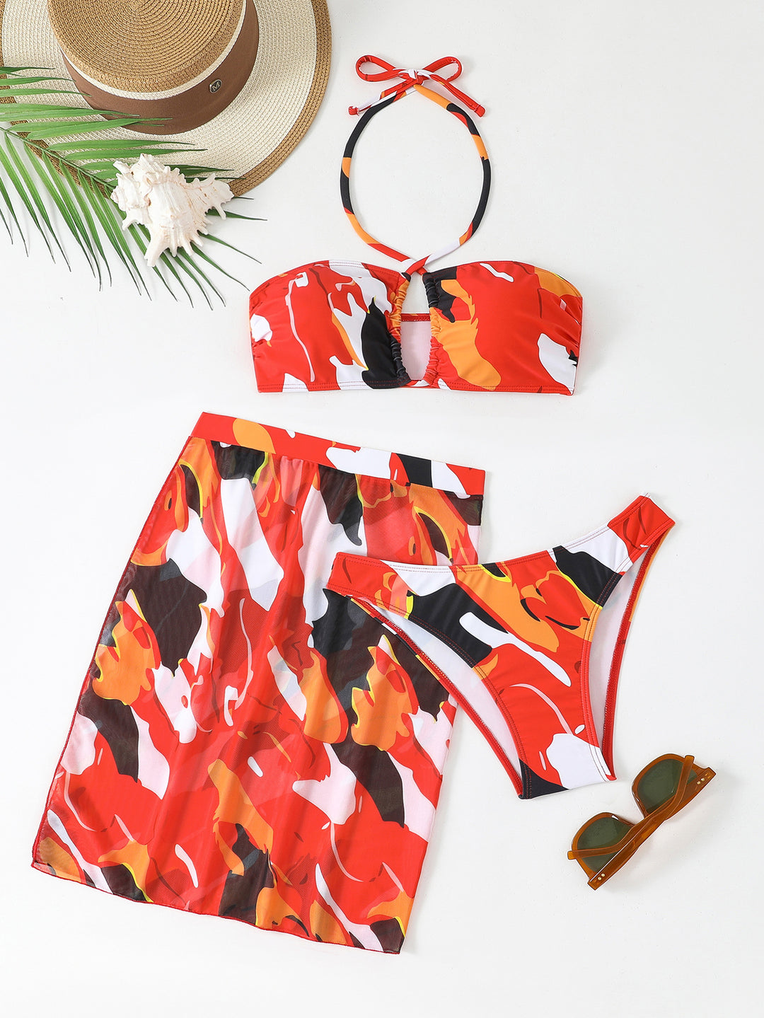 Damen Bunt bedrucktes Bikini-Set mit luftigem Überrock EB